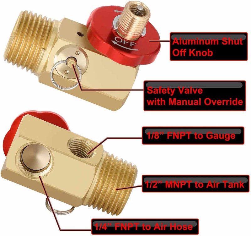 Hromee Air Tank Manifold Tool with Fill Port, Aluminum Shut Off Safety Valve and Relief Bypass 1/2" NPT Tank x 1/4" NPT Hose x 1/8" NPT Gauge for Air Compressor Portable Carry Tank - Image 2