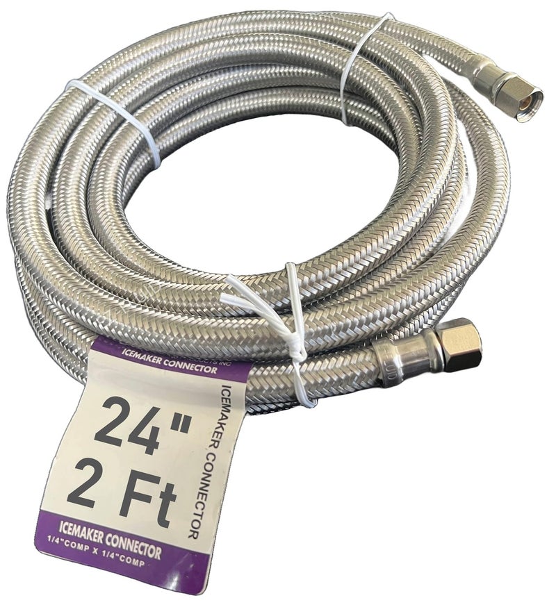 EZFLUID 24Inches Refrigerator Ice Maker Water Line 2Ft x 14 Female Comp ConnectionPremium Stainless Steel Braided Ice Maker Water Hose PVC Inner Tube Fridge Water Line for Refrigerator