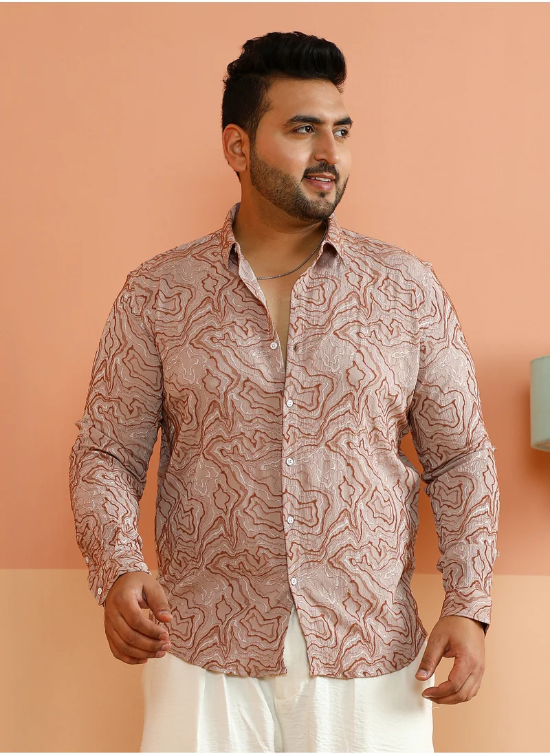 انستافاب بلس Instafab Plus Men's Ecru Beige Fluid-Jacquard Shirt For Casual Wear | Spread Collar | Long Cuffed Sleeves | Button Closure | Plus Size Shirt Crafted With Comfort Fit For Everyday Wear