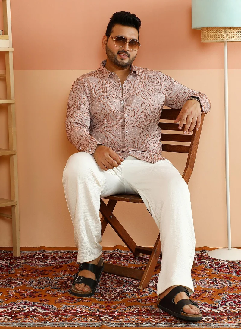 Instafab Plus Instafab Plus Men's Ecru Beige Fluid-Jacquard Shirt For Casual Wear | Spread Collar | Long Cuffed Sleeves | Button Closure | Plus Size Shirt Crafted With Comfort Fit For Everyday Wear