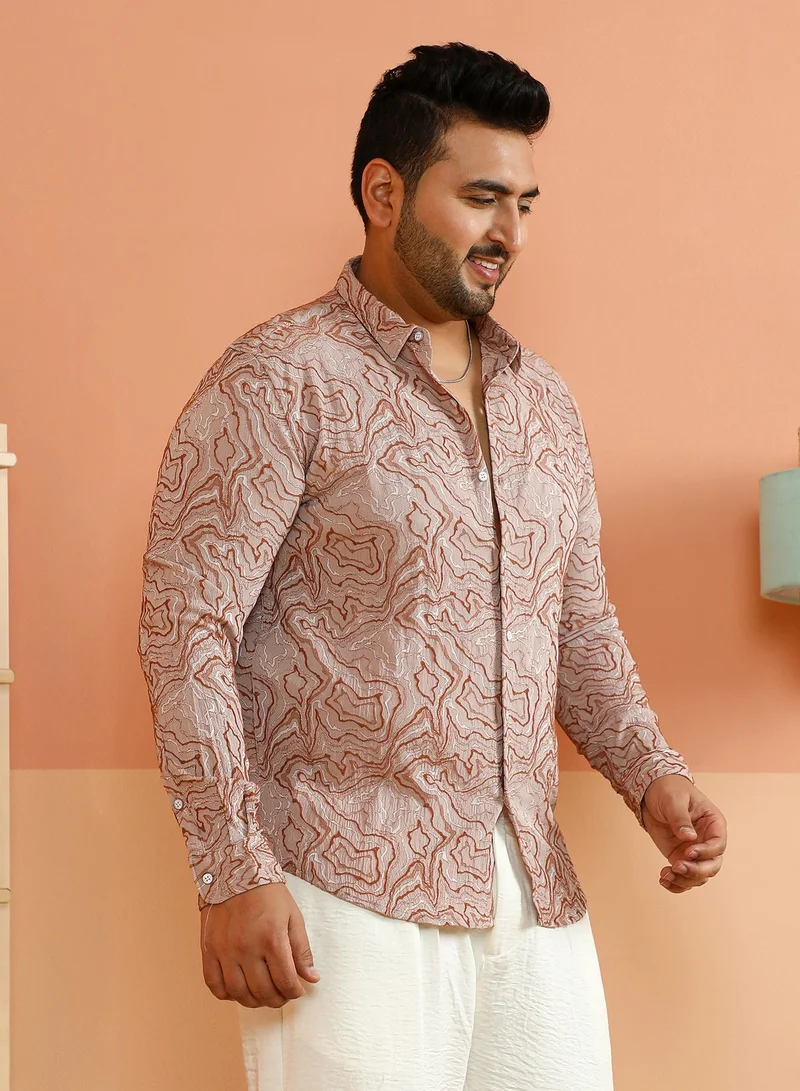 Instafab Plus Instafab Plus Men's Ecru Beige Fluid-Jacquard Shirt For Casual Wear | Spread Collar | Long Cuffed Sleeves | Button Closure | Plus Size Shirt Crafted With Comfort Fit For Everyday Wear
