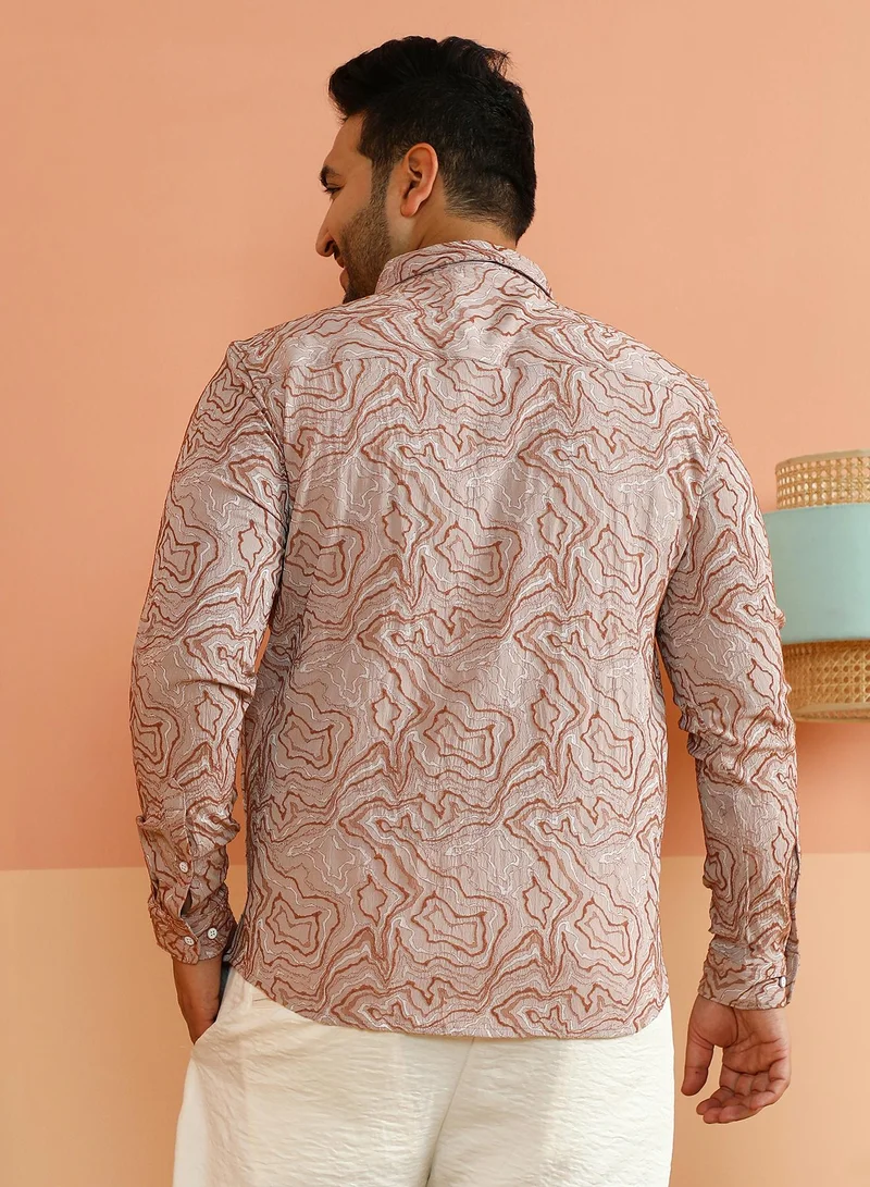 Instafab Plus Instafab Plus Men's Ecru Beige Fluid-Jacquard Shirt For Casual Wear | Spread Collar | Long Cuffed Sleeves | Button Closure | Plus Size Shirt Crafted With Comfort Fit For Everyday Wear