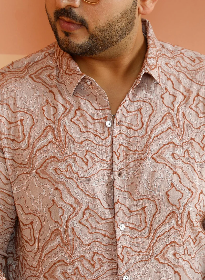 Instafab Plus Instafab Plus Men's Ecru Beige Fluid-Jacquard Shirt For Casual Wear | Spread Collar | Long Cuffed Sleeves | Button Closure | Plus Size Shirt Crafted With Comfort Fit For Everyday Wear