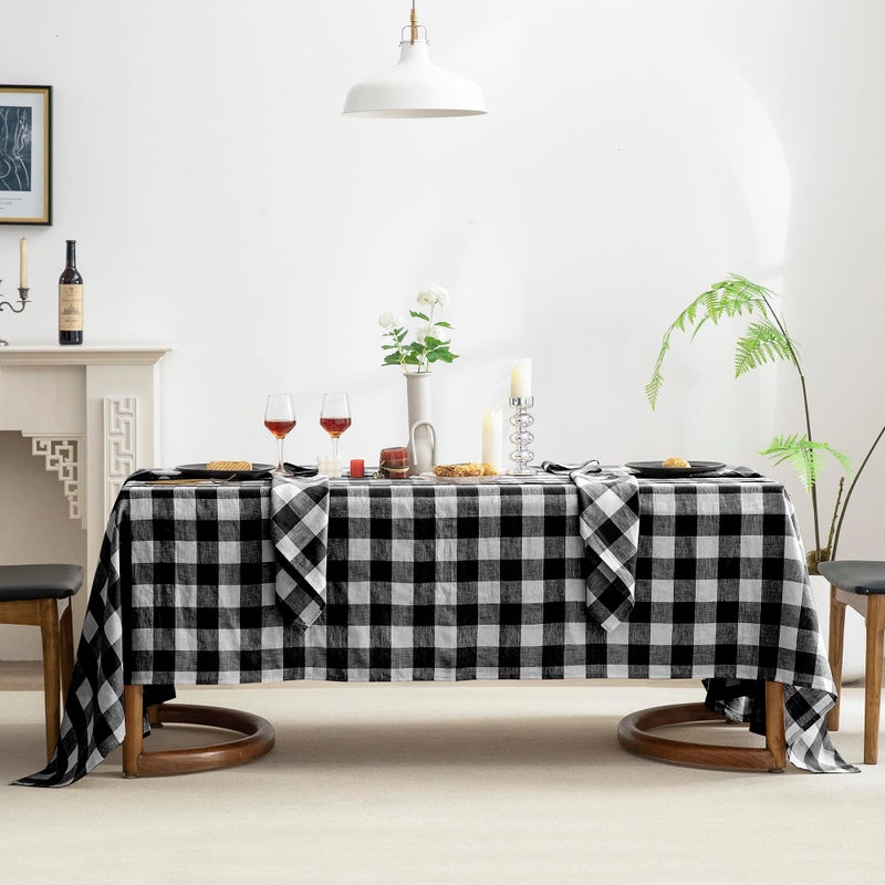 EVERLY 100% Yarn-Dyed Linen Rectangle Tablecloths 60x84Inches for Dining,Buffet Parties,Picnic,Events and Restaurants,Decorative Halloween,Thanksgiving Machine Washable Tablecloths-Black Plaid - Image 1