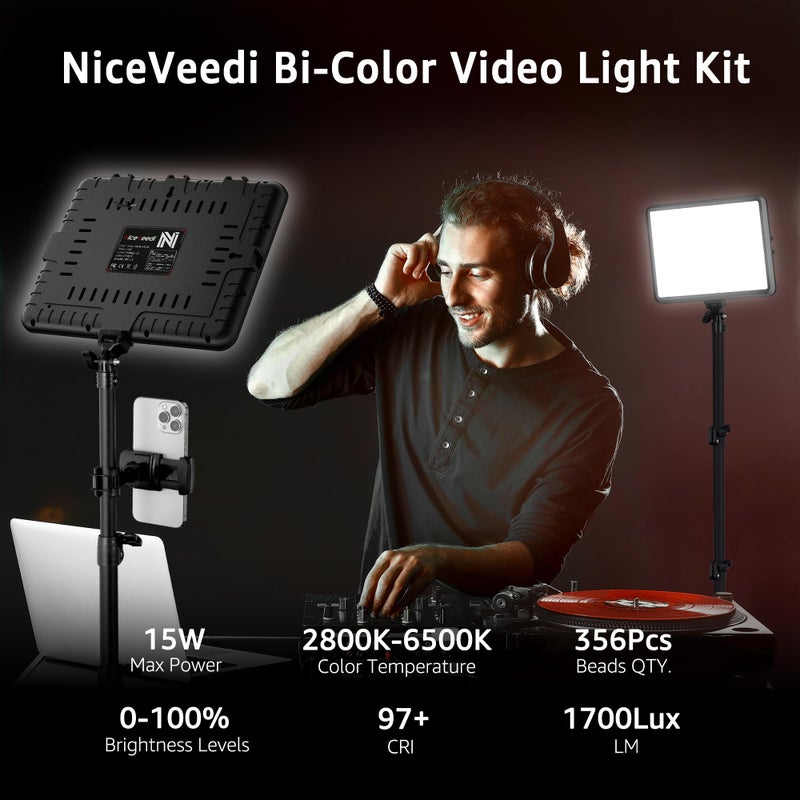 NiceVeedi 1-Pack Photography Lighting Kit, 2800-6500K Bi-Color LED Video Light Kit, Dimmable Studio Light with Tripod Stand & Phone Holder, Light for Video Recording, Game Streaming, YouTube - Image 2