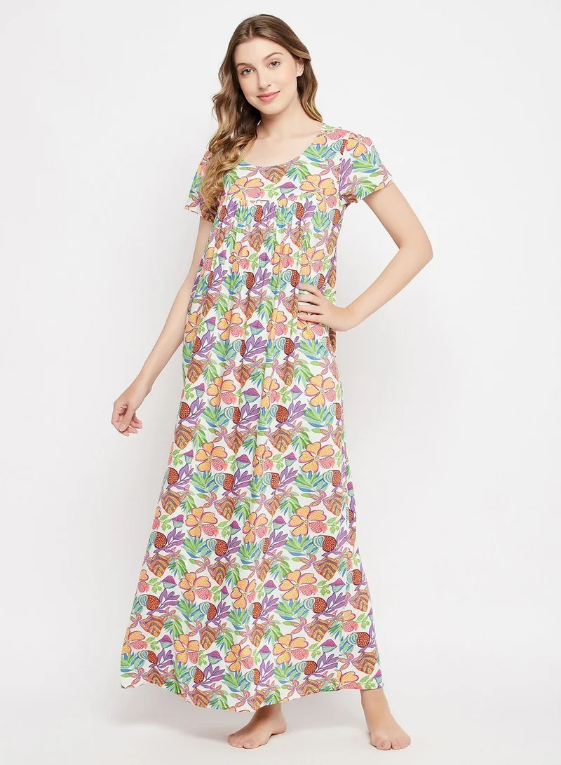 Clovia Clovia Pretty Florals Long Night Dress In Multicolour- Rayon