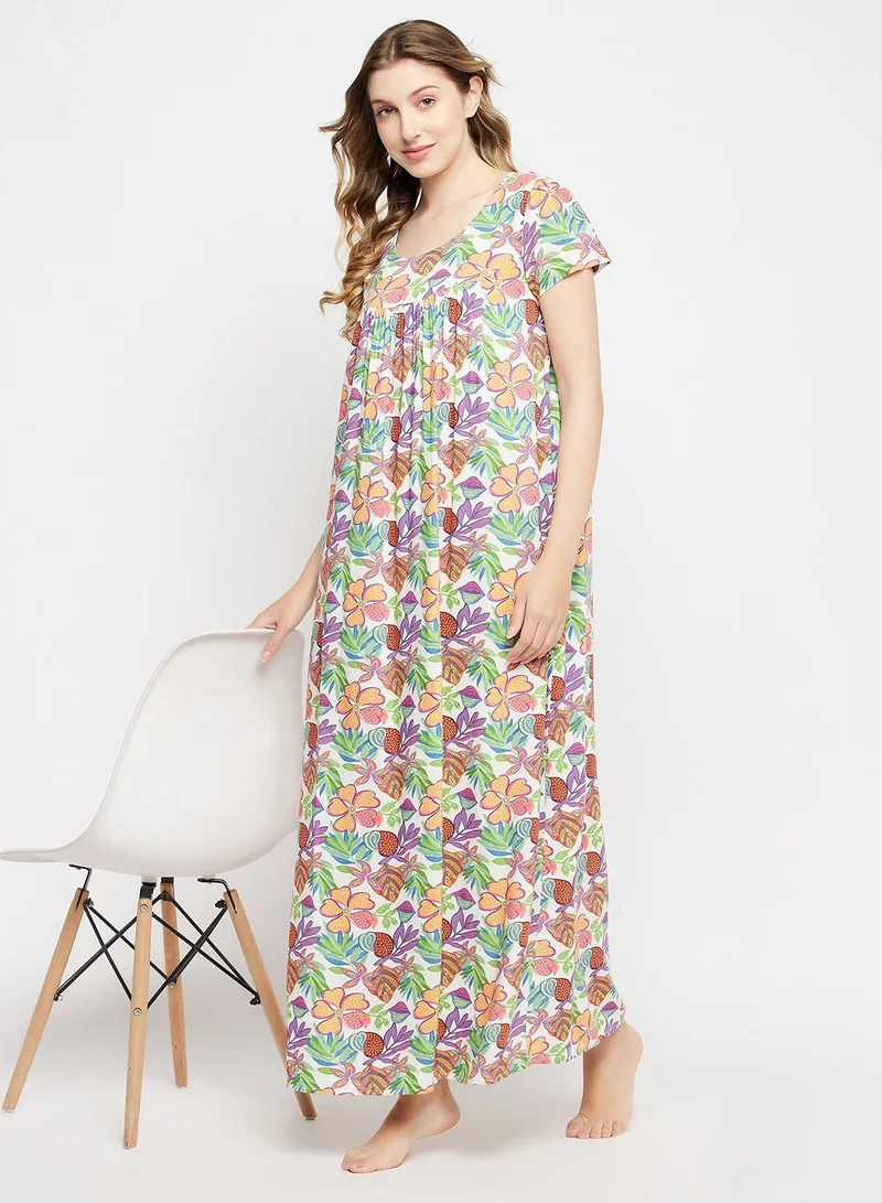 Clovia Clovia Pretty Florals Long Night Dress In Multicolour- Rayon