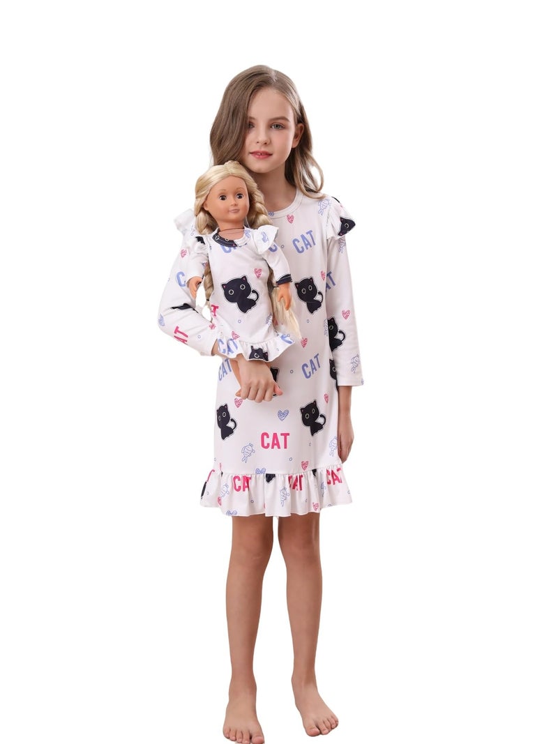 Bow Dream Girl Dress Cute Cartoon and Matching American Girl Doll Clothes Accessories for Girls Dresses White Cat Size 130 - Image 2