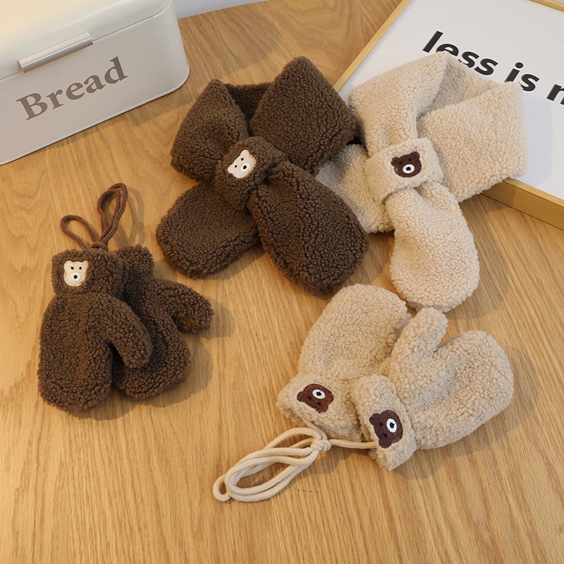Ins South Korea Solid Color Bear Children'S Scarf Suit Boys And Girls Baby Warm Gloves Two-Piece Set - Image 2