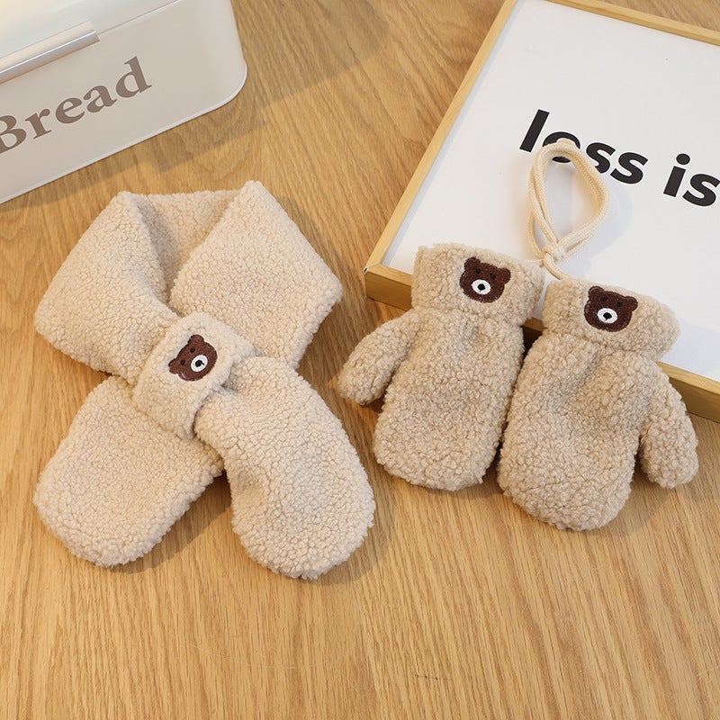 Ins South Korea Solid Color Bear Children'S Scarf Suit Boys And Girls Baby Warm Gloves Two-Piece Set - Image 3