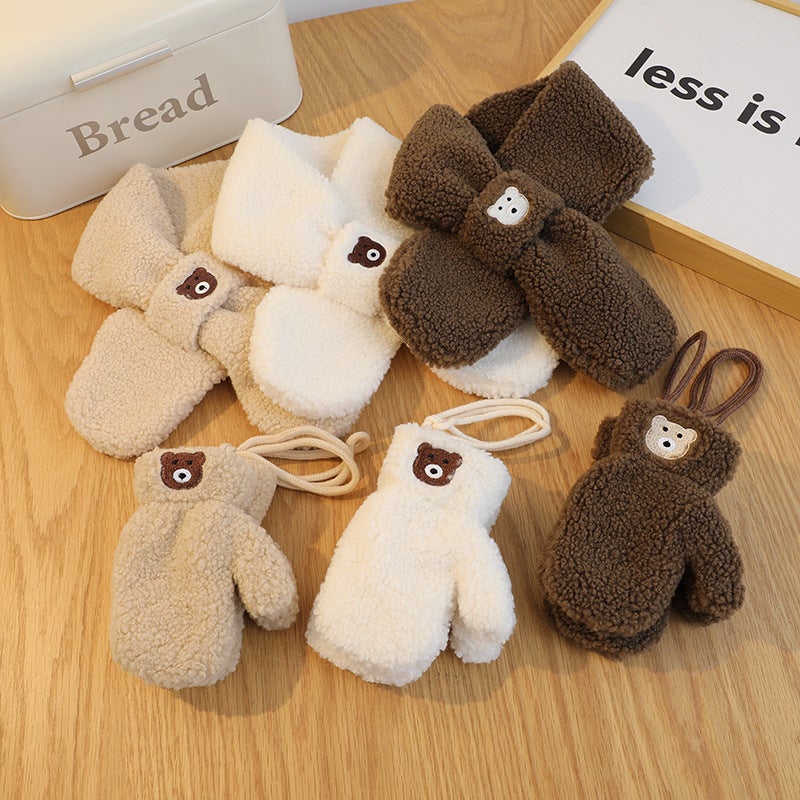 Ins South Korea Solid Color Bear Children'S Scarf Suit Boys And Girls Baby Warm Gloves Two-Piece Set - Image 1