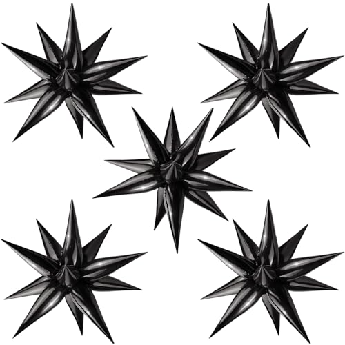 Moukiween 60 Pcs Black Star Balloons 12 Point Cone Explosion Star Foil Balloons for Halloween Christmas Birthday Wedding Graduation Decorations Black - Image 1