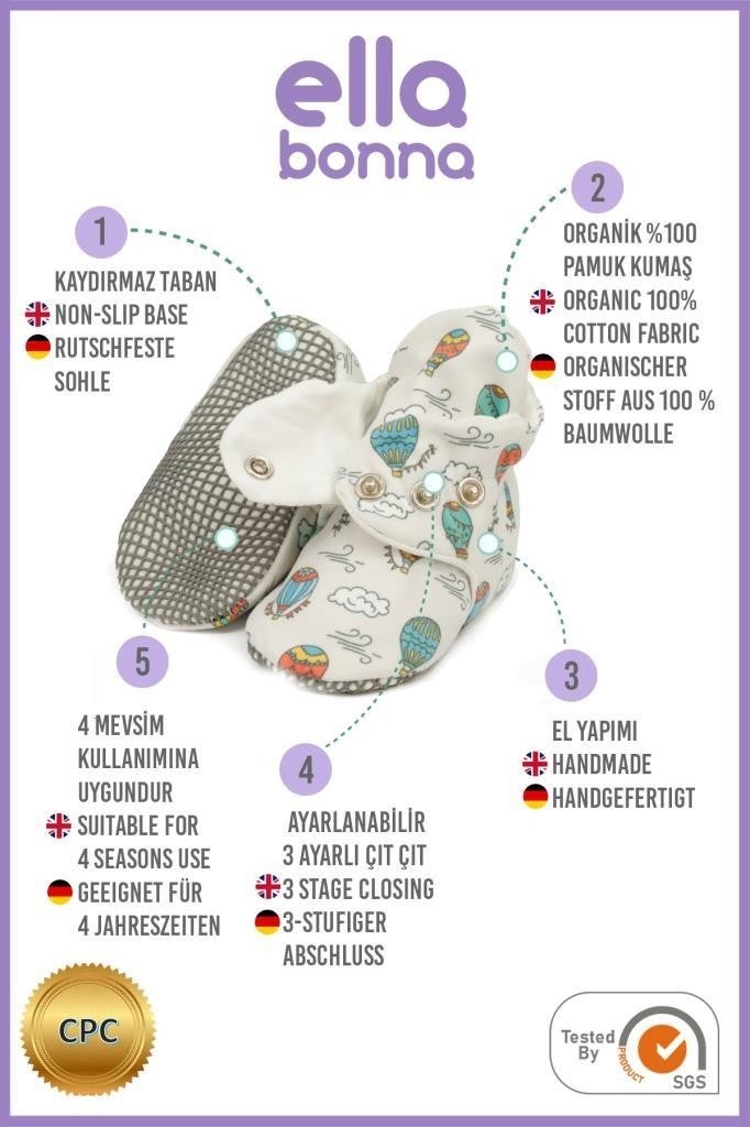 Ella Bonna Organic Cotton Baby Slippers, Non-Slip Sole, Newborn Booties, Home Nursery Shoes, Cappadocia  - Image 3