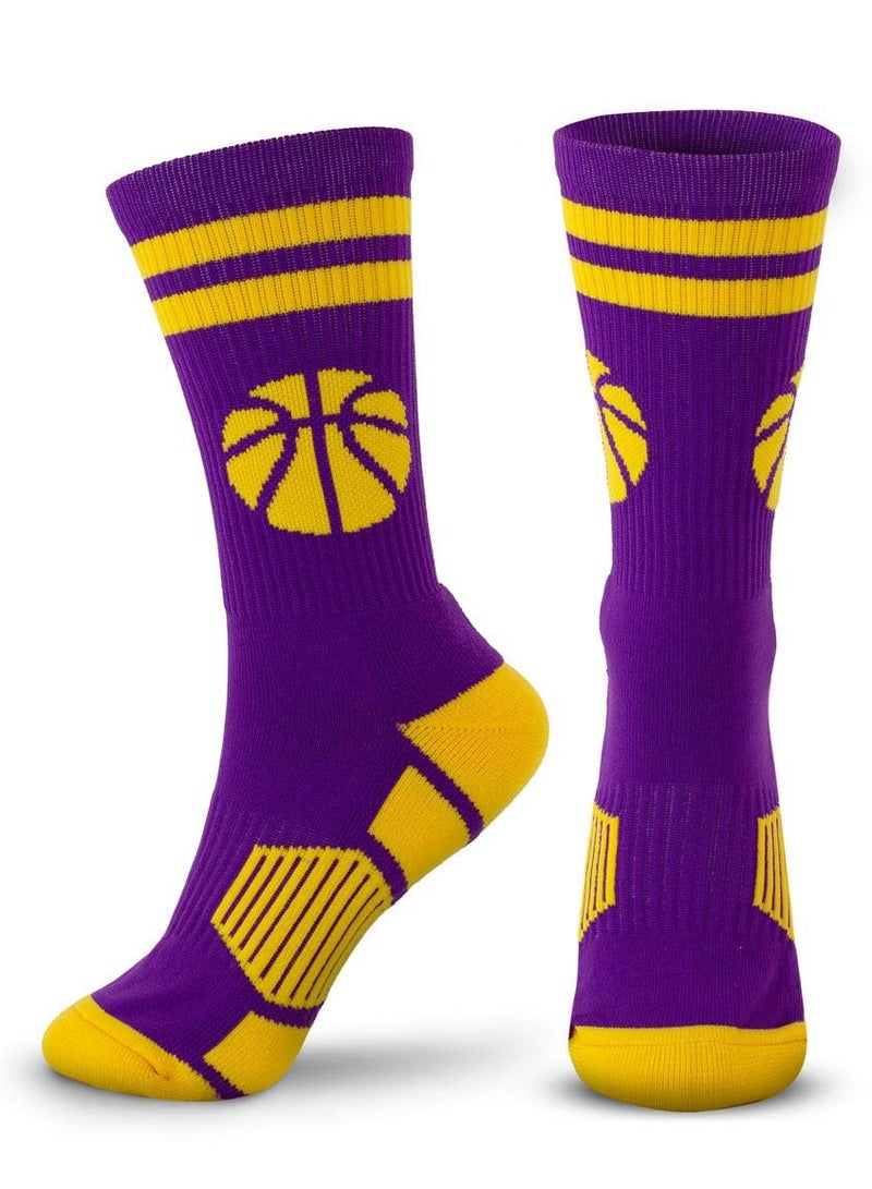 Athletic Basketball Mid,Calf Socks for Men and Women, Cushioned Compression Crew Socks in Purple and Gold, Perfect for Sports - Image 1