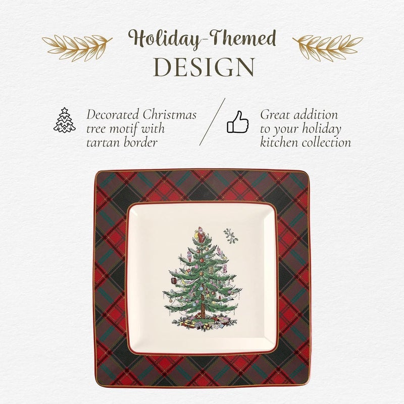 Spode Christmas Tree Tartan Square Platter - 10-Inch Holiday Serving Platter for Christmas Entertaining - Traditional Tartan Plaid Design with Iconic Tree Motif - Microwave & Dishwasher Safe - Image 3
