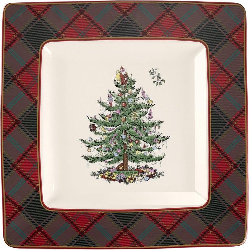 Spode Christmas Tree Tartan Square Platter - 10-Inch Holiday Serving Platter for Christmas Entertaining - Traditional Tartan Plaid Design with Iconic Tree Motif - Microwave & Dishwasher Safe - Image 1