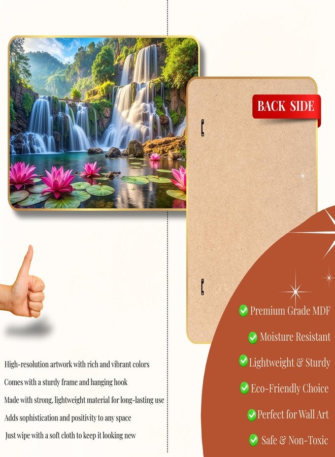Arkasto Lotus Waterfall MDF Wall Painting | Vastu Positive Wall Art for Living Room, Bedroom, Office & Home Décor | Nature Scenery with Waterfalls & Lotus Flowers (Style-04, 12x18 inch) - Image 2