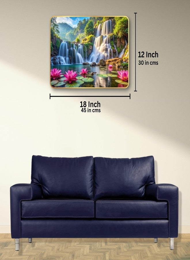 Arkasto Lotus Waterfall MDF Wall Painting | Vastu Positive Wall Art for Living Room, Bedroom, Office & Home Décor | Nature Scenery with Waterfalls & Lotus Flowers (Style-04, 12x18 inch) - Image 5