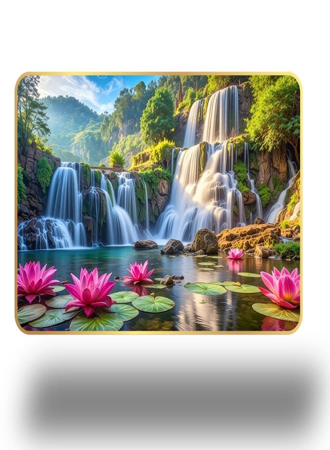 Arkasto Lotus Waterfall MDF Wall Painting | Vastu Positive Wall Art for Living Room, Bedroom, Office & Home Décor | Nature Scenery with Waterfalls & Lotus Flowers (Style-04, 12x18 inch) - Image 1