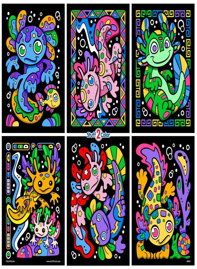 Stuff2Color Axolotl Underwater Adventures - 6 Pack of Fuzzy Velvet Coloring Posters for Kids, Toddlers, Girls, and Boys (All Ages Arts and Crafts Activity) - Perfect for Vacation Travel or Plane - Image 1