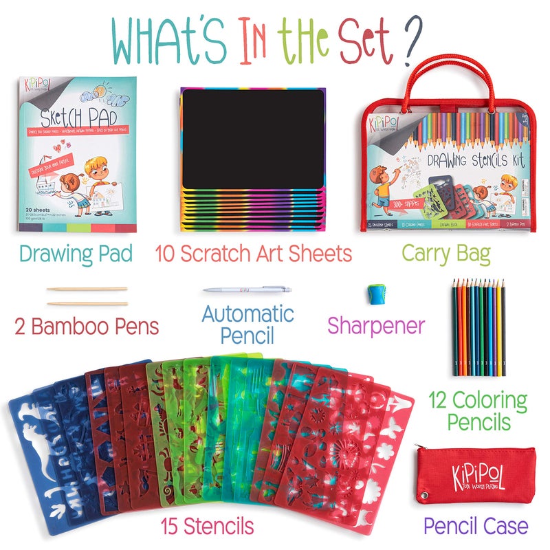 Kipipol 63 Pcs Drawing Stencils for Kids Ages 4-8 - 8-12 and Up - Arts and Crafts for Girls and Boys - Kids Drawing kit - Arts Set- 15 Art Stencils, 260+ Designs -Scratch Art- Creativity Gifts & Toys - Image 2