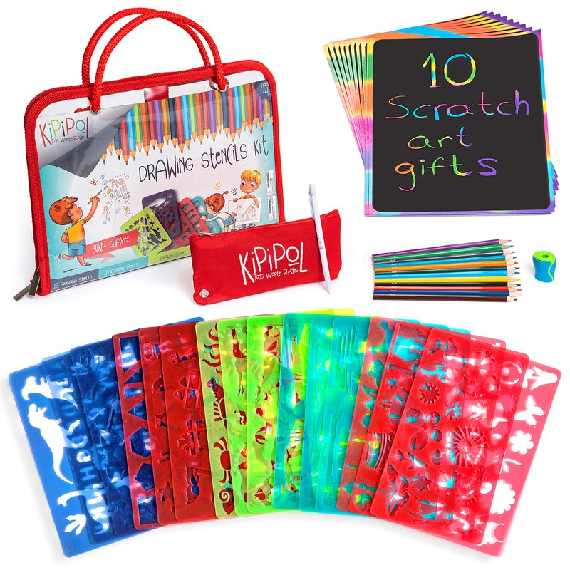 Kipipol 63 Pcs Drawing Stencils for Kids Ages 4-8 - 8-12 and Up - Arts and Crafts for Girls and Boys - Kids Drawing kit - Arts Set- 15 Art Stencils, 260+ Designs -Scratch Art- Creativity Gifts & Toys - Image 1