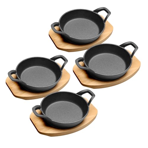 HOME DISTRICT Mini Cast Iron Skillet Set of 4 Mini Ramekins, Oven Safe, 6 Inch, 12 Oz Cast Iron Skillet Set with Wood Trivets - Image 1