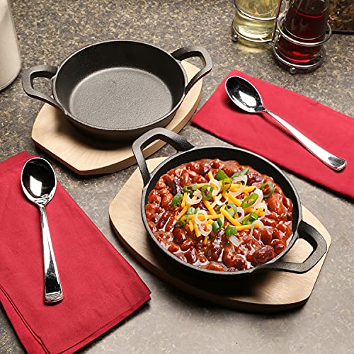 HOME DISTRICT Mini Cast Iron Skillet Set of 4 Mini Ramekins, Oven Safe, 6 Inch, 12 Oz Cast Iron Skillet Set with Wood Trivets - Image 4