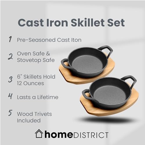 HOME DISTRICT Mini Cast Iron Skillet Set of 4 Mini Ramekins, Oven Safe, 6 Inch, 12 Oz Cast Iron Skillet Set with Wood Trivets - Image 2
