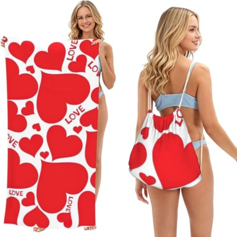 Love Heart Print 2 In 1 Packable Beach Towel Bag, Quick Dry Backpack Microfiber Mat For Camping, Travel, Vacation, Cruise, And Picnic - Image 1