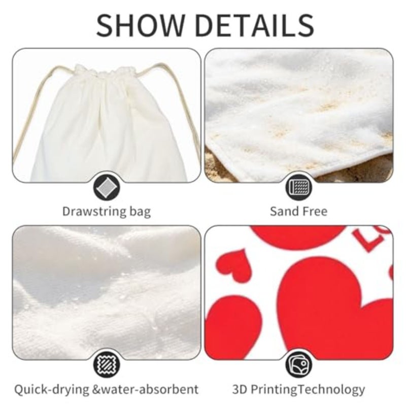 Love Heart Print 2 In 1 Packable Beach Towel Bag, Quick Dry Backpack Microfiber Mat For Camping, Travel, Vacation, Cruise, And Picnic - Image 4