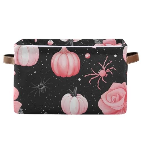 KUEJOP Storage Basket Halloween Pink Pumpkin with Rose Canvas Collapsible Box Organizer Bin with Handles - Image 1