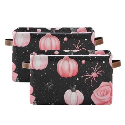 KUEJOP Storage Basket Halloween Pink Pumpkin with Rose Canvas Collapsible Box Organizer Bin with Handles - Image 3