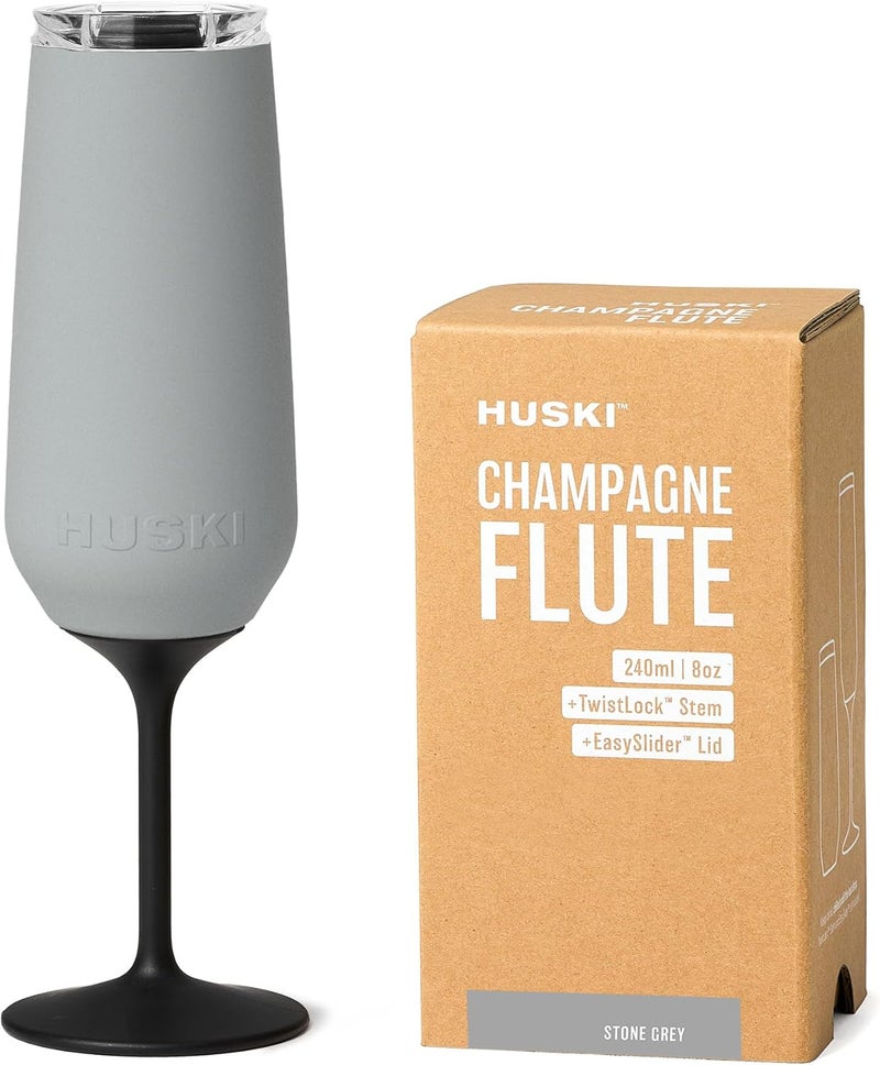 Huski Champagne Flute | NEW | Award-winning Design with Detachable Stem | Premium Stainless Steel Champagne Glass with Lid | Triple Insulated Tumbler | 8oz Capacity | Great Gift (Stone Grey) - Image 1