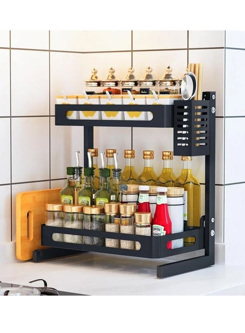 2 Tier Metal Kitchen Spice Rack Countertop Standing Corner Shelf Removable Seasoning Organizer Jars Bottle Storage Knife Utensils Holder with 3 Hooks,  - Image 1