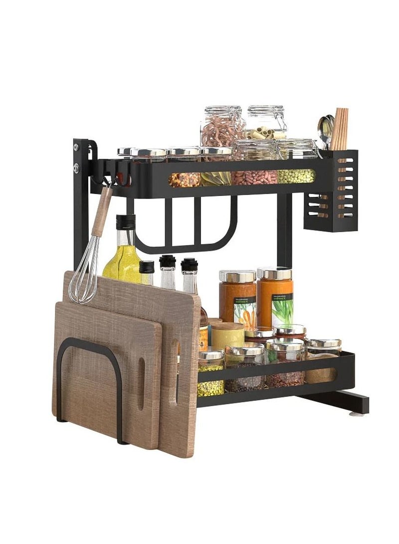 2 Tier Metal Kitchen Spice Rack Countertop Standing Corner Shelf Removable Seasoning Organizer Jars Bottle Storage Knife Utensils Holder with 3 Hooks,  - Image 2