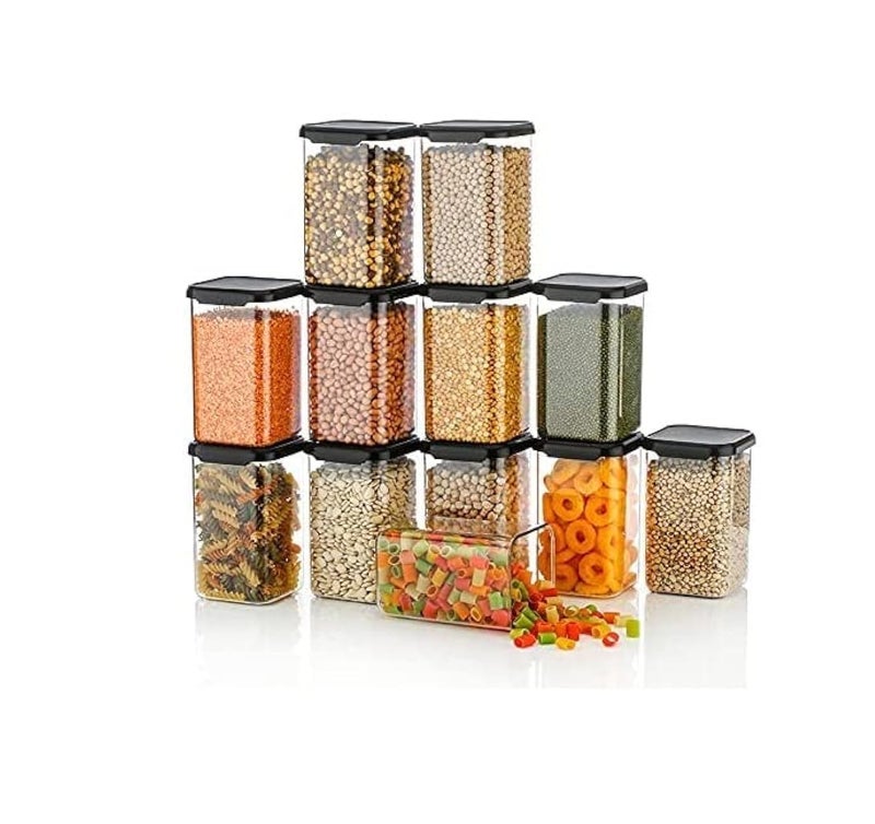 Kitchenwell Plastic 1100 Ml Easy Flow Cereal Dispenser Storage JarIdle For Kitchen Storage Box Lid Food Rice Pasta Pulses ContainerSquare Containers For Kitchen Black CapPack Of 12 - Image 1