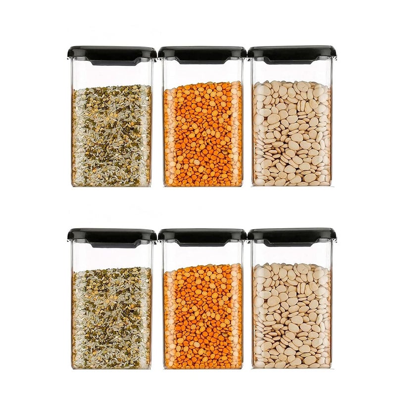 Kitchenwell Plastic 1100 Ml Easy Flow Cereal Dispenser Storage JarIdle For Kitchen Storage Box Lid Food Rice Pasta Pulses ContainerSquare Containers For Kitchen Black CapPack Of 12 - Image 2