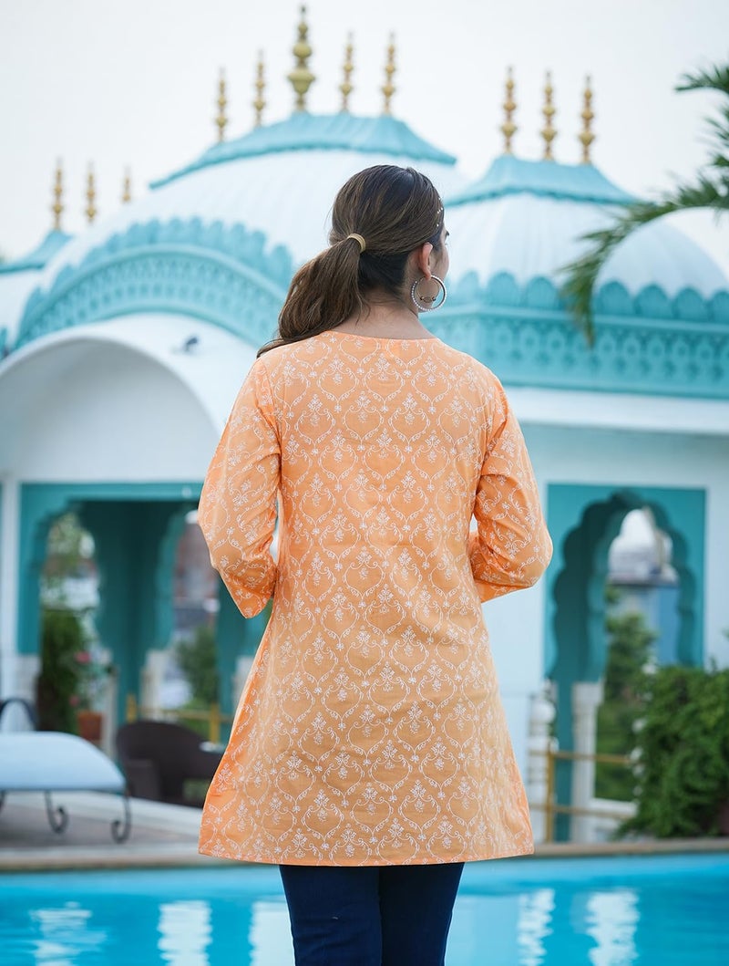 Yash Gallery Women's Cotton Floral Printed Short Kurti (Orange, 5XL) - Image 4
