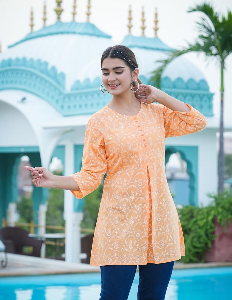 Yash Gallery Women's Cotton Floral Printed Short Kurti (Orange, 5XL) - Image 3