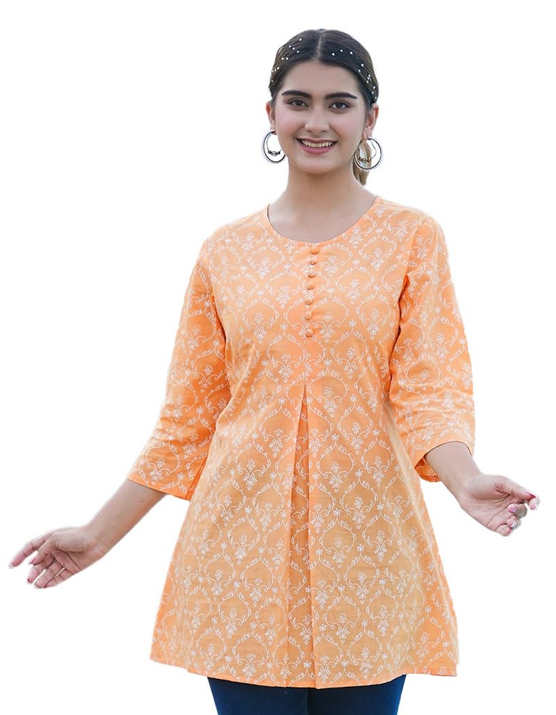 Yash Gallery Women's Cotton Floral Printed Short Kurti (Orange, 5XL) - Image 1