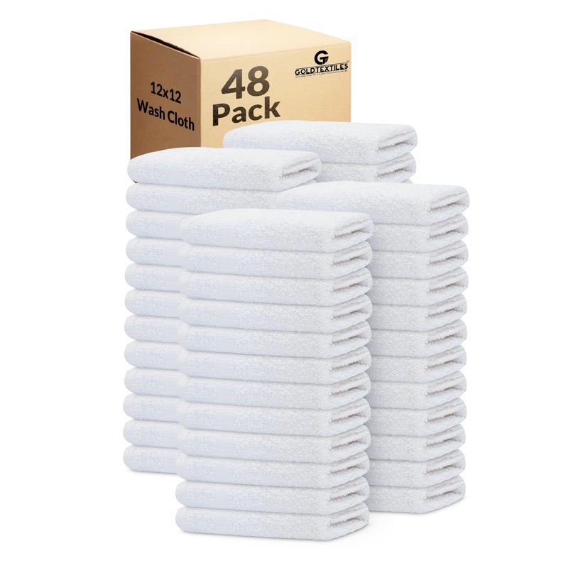 GOLD TEXTILES Pack of 48 Wash Cloths Kitchen Towels, Cotton Blend (12x12 Inches) Commercial Grade Rags, Washcloth for Bathroom (48, White) - Image 1