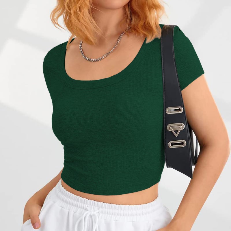 Short Sleeve Crewneck Top Women Fashionable Elegant Slim Fit Pure Color Rib Knit Shirt for Office Work OD Green S - Image 3
