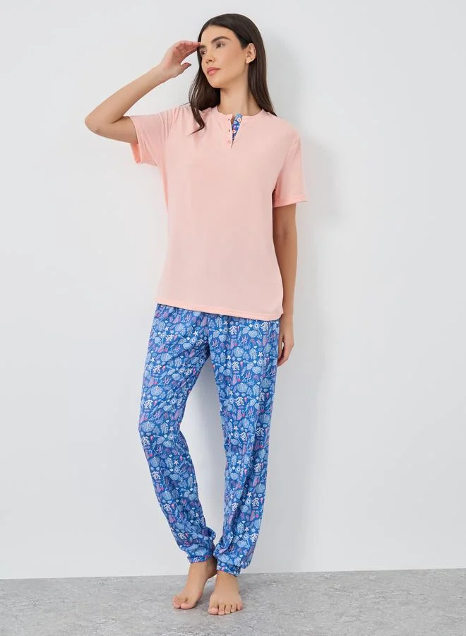 ستايلي Styli Solid Short Sleeve T-Shirt and Pyjama Set