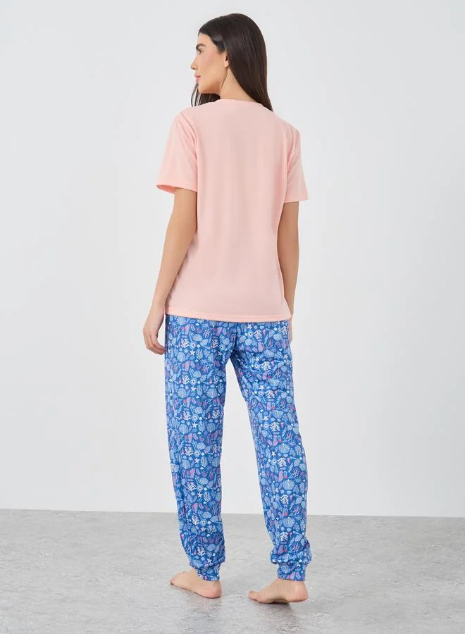 ستايلي Styli Solid Short Sleeve T-Shirt and Pyjama Set