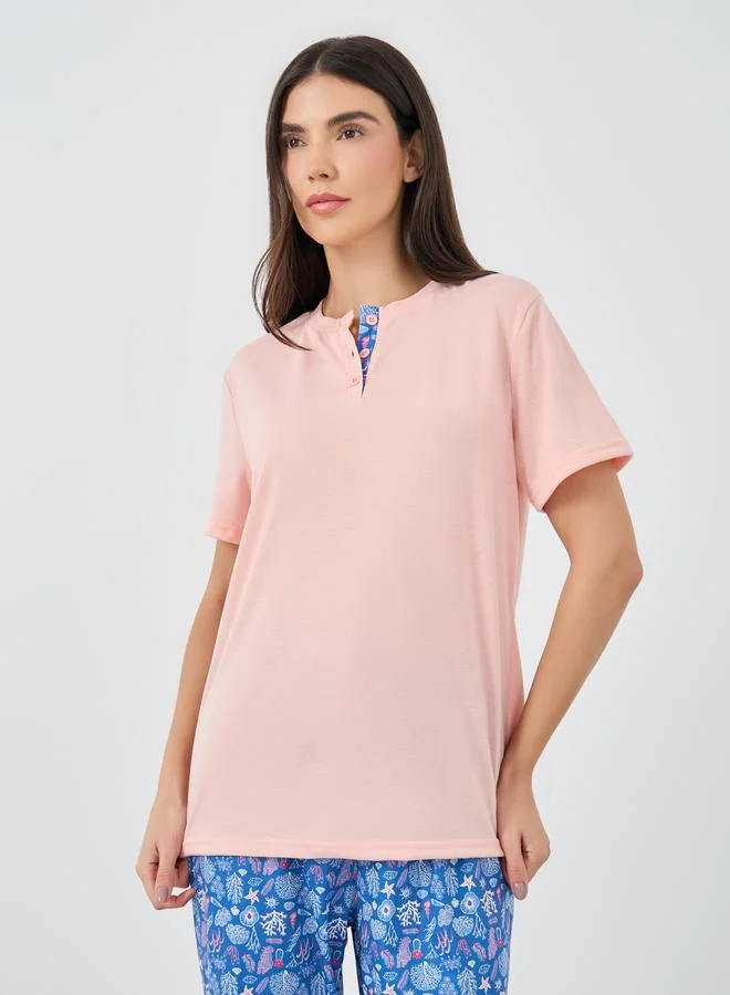 ستايلي Styli Solid Short Sleeve T-Shirt and Pyjama Set