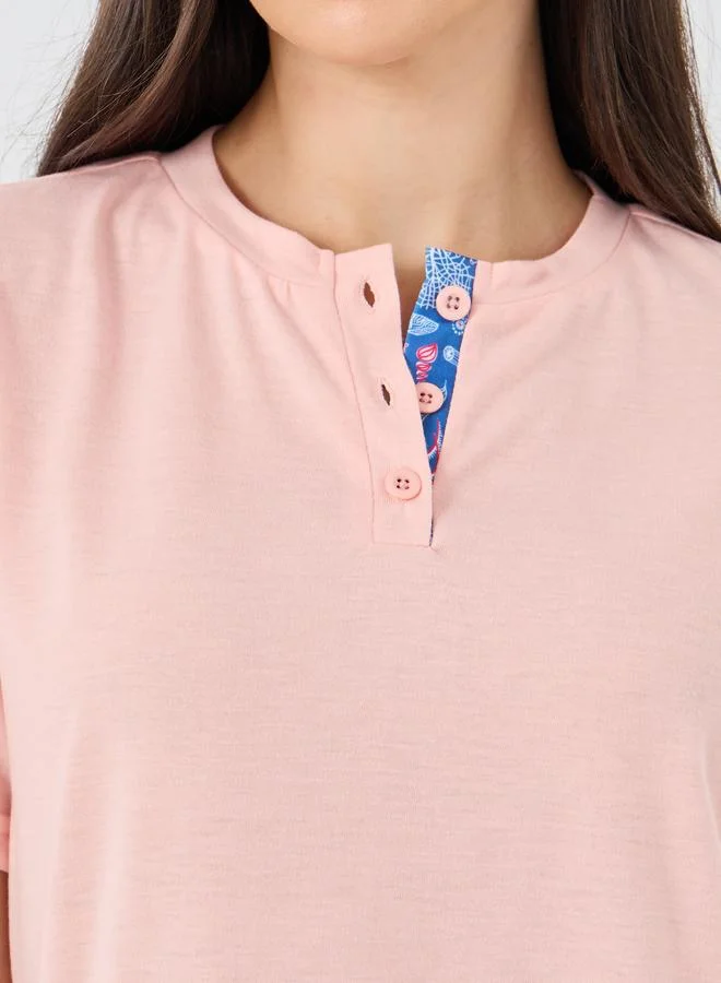 ستايلي Styli Solid Short Sleeve T-Shirt and Pyjama Set