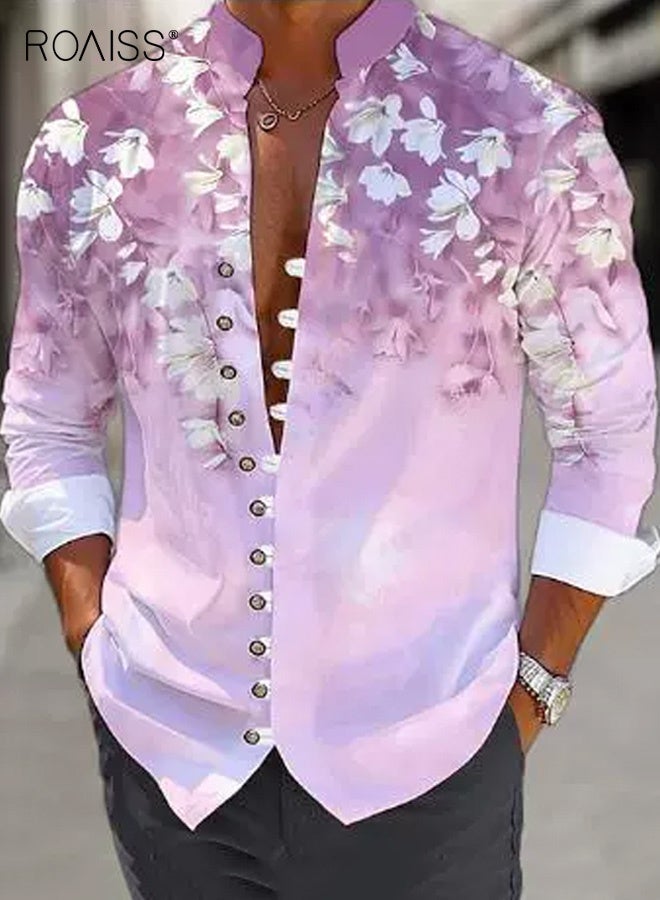 roaiss Men's Stylish Floral Print Shirt Casual Pink Stand Collar Design with White and Green Accents, Lightweight Polyester Long Sleeve Button-Up for Outdoor and Casual Attire, Breathable and Comfortable - Image 1