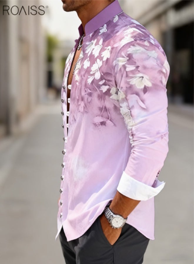 roaiss Men's Stylish Floral Print Shirt Casual Pink Stand Collar Design with White and Green Accents, Lightweight Polyester Long Sleeve Button-Up for Outdoor and Casual Attire, Breathable and Comfortable - Image 3