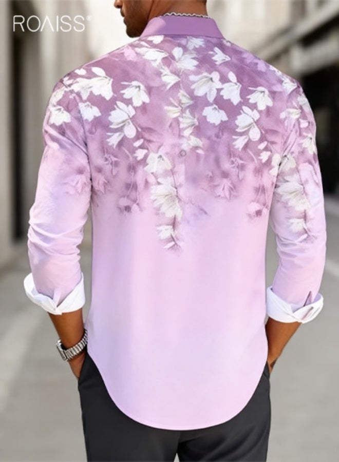roaiss Men's Stylish Floral Print Shirt Casual Pink Stand Collar Design with White and Green Accents, Lightweight Polyester Long Sleeve Button-Up for Outdoor and Casual Attire, Breathable and Comfortable - Image 4